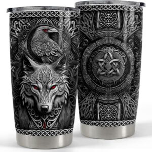 Gobelet Viking Corbeau & Loup – Tumbler Nordique Celtique en Acier Inoxydable