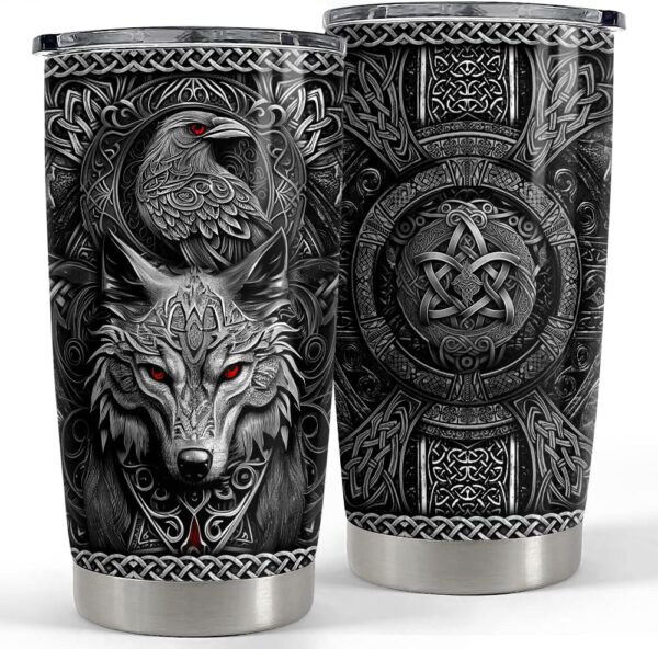 Gobelet Viking Corbeau & Loup – Tumbler Nordique Celtique en Acier Inoxydable