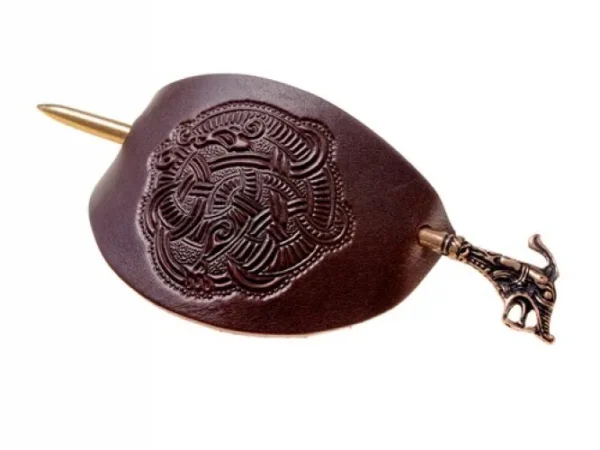Barrette médiévale en cuir avec épingle à cheveux en bronze – Accessoire de coiffure historique