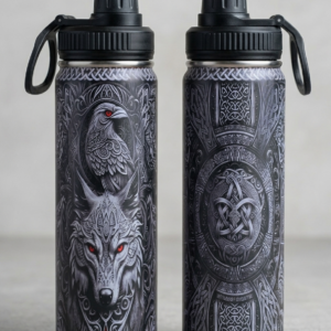 Bouteille d'eau Viking Corbeau & Loup – Tumbler Nordique Celtique en Acier Inoxydable