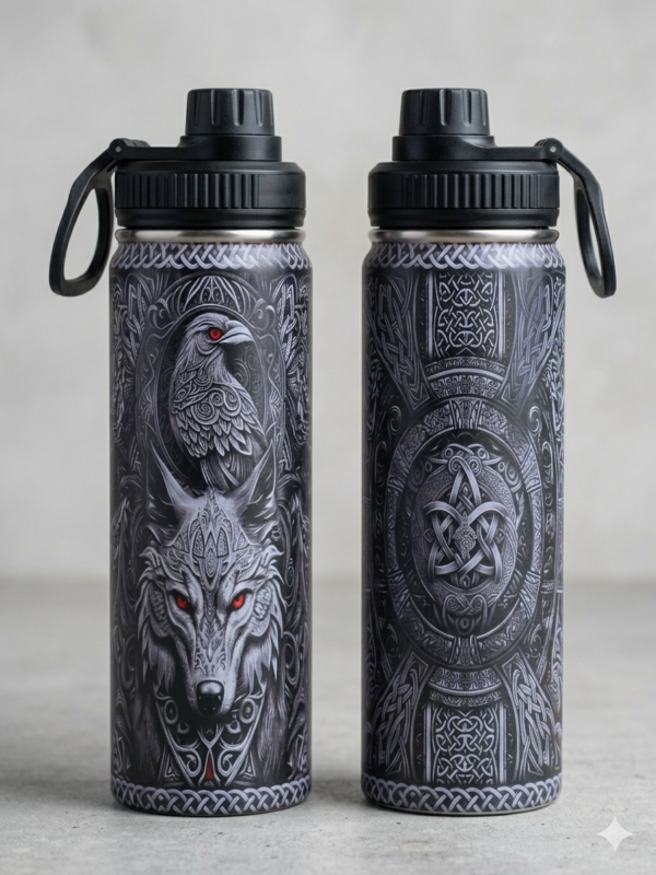 Bouteille d'eau Viking Corbeau & Loup – Tumbler Nordique Celtique en Acier Inoxydable