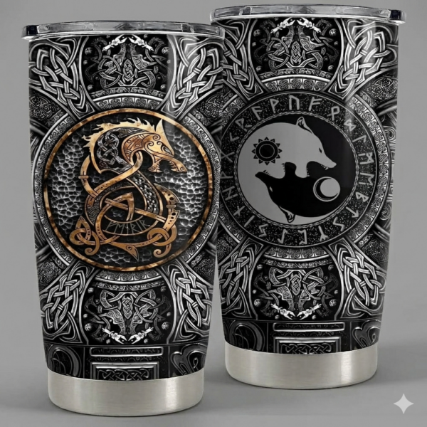 Gobelet Viking dragon & Sköll / Hati – Tumbler Nordique Celtique en Acier Inoxydable